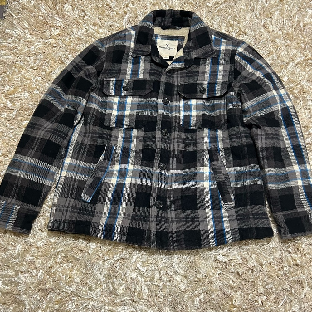 American Eagle  | Men's Flannel Sherpa Lined Plaid Button Coat Size Large